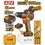 INGCO CIDLI429982 42V 2BATT 2AH+CHAR+BOX 13MM 99N.M BL مقدح بطارية صناعي Brushless Cordless Impact Drill Industrial