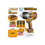 INGCO CIWLI20135 20V 2BATT 5A+CHAR+BOX BL 1350N.M 3/4″ فرد شد عزق بطارية Cordless Industrial Impact Wrench