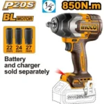 INGCO CIWLI20851 20V 3 SOCKETS(22,24,27)MM BL 850N 1/2″ فرد شد عزق بطارية فدار Brushless Cordless Impact Wrench (Bare Tool)