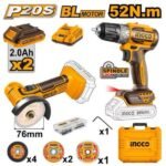 INGCO CKLI20278 20V 2BATT+BL مقدح بطارية صناعي+صاروخ جنب COMBO SET BRUSHLESS CORDLESS DRILL & MINI CUT-OFF TOOL