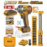 INGCO COSLI23056 20V BOX + مجموعة فردد شد عزق 405 نيوتن+بلادوز وطقم طرابيش بولاد IMPACT WRENCH 405NM + WORKLIGHT COMBO SET