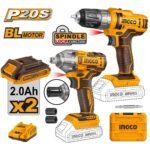 INGCO COSLI230702 20V 2BATT 2AH+ BOX فرد شد عزق “1/2 300 + مقدح بطارية Combo Kit cordless drill impact wrench