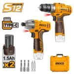 INGCO COSLI240586 12V 2BATT 1.5AH TYPE C+BOX مقدح بطارية+مقدح وز Cordless Screwdriver Set
