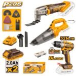 INGCO COSLI240685 20V 2BATT + CHAR مقدح + مكنسة + آلة متعدد الاستعمالات Cordless Combo Set Drill Vacuum And Multi Tool