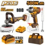INGCO COSLI240686 20V 2BATT 4AH BAG 500N بلندر+فرد شد عزق+صاروخ بوليش Cordless Combo Kit Brushless Impact Wrench with Cordless Polisher and Hand Blender