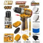 INGCO COSLI240786 16 V 2BATT 2AH + CHAR 60N.M (مقدح + (طقم فراشي Combo Kit Cordless Drill with 11PCS Cleaning Brush