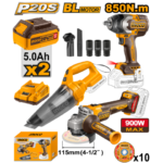 INGCO COSLI240789 20V 850N.M صاروخ +مكنسة فارة + 10 ديسكات + فرد شد Combo Kit Cordless impact wrench angle grinder vacuum cleaner 3Pcs