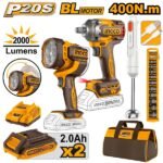 INGCO COSLI240961 20V 2BATT 2AH BAG 400N فرد شد عزق+برجكتير+بلاندر Cordless Combo Kit Impact Wrench Work Lamp, Hand Blender & 1/2″ Drive Impact Socket Set