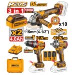 INGCO COSLI241291 20V 2BATT 4AH 400N.M صاروخ+مقدح بطارية رجراج + ديسكات+فرد شد Combo Kit cordless angle grinder impact drill impact wrench