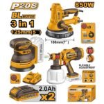 INGCO COSLI250282 20V 2BATT 2AH BL مجموعة حفافات وفرد رش بويا على البطارية Cordless Combo Kit Set Drywall Sander Random Orbit Sander Spray Gun