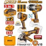 INGCO COSLI250593 20V 2BATT 8AH+CHAR+BOX صاروخ +بروجكتور+ N.M 1750 3/4″مجموعة فرد شد عزق Impact Wrench Angle Grinder Work Lamp 3Pcs Combo kit Industrial