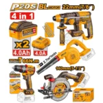 INGCO COSLI250695 مجموعة مقدح 22MM SDS + منشار صدر + مقدح بطارية 66N.M + بلور + 20V 2BATT 4AH Cordless Impact Drill,Circular Saw,Rotary Hammer & Blower Combo Kit