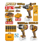INGCO COSLI250882 مجموعة مقدح بطارية 166N.M + فرد شد عزق 1050N.M+ بروجكتور +20V 2BATT 5AH+BOX Industrial Compact Drill, Impact Wrench, Work Lamp