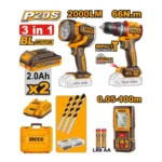 INGCO COSLI250885 مجموعة مقدح بطارية 66N.M + متر ليزر + بروجكتور +20V 2BATT 2AH+BOX COMBO KIT Cordless Brushless Impact Drill + Work Lamp + Laser Measure