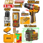 INGCO COSLI250995 16V 2BATT 2AH+CHAR13MM مجموعة ثلاث قطع متر وشقلة ليزر مع مقح رجراج Cordless Combo Kit 16V 3in1 Laser 12 Lines