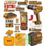 INGCO COSLI251001 20V مجموعة مقدح بطارية رجراج 86 نيوتن + متر ليزر وليزر شقلة اخطر خطين COMBO 3PCS IMPACT DRILL SELF-LEVELING LINE LASER LASER DISTANCE DETECTOR