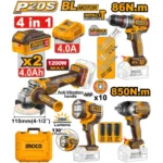 INGCO COSLI251192 20V مجموعة فرد شد عزق 850+ صاروخ بطارية +مقدح بطارية+بروجيكتور Cordless Combo Kit Angle Grinder Impact Wrench Impact Drill Work Lamp