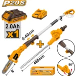 INGCO CPTS201681 20V 1Batt 2A+Char منشار تشحيل شجر تلسكوبيك شفرتين Cordless Pole Saw with Pole Hedge Trimmer