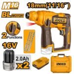 INGCO CRHLI16168 16V 2BATT 2AH+CHAR+BOX 18MM BL بطارية SDS مقدح Cordless Rotary Hammer