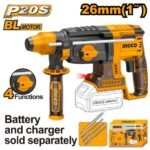 INGCO CRHLI20228 20V 26MM BL برم وتكسير بطارية SDS مقدح Cordless 4 Functions Rotary Hammer