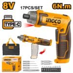 INGCO CSDLI0802 17PCS TYPE C 8V مفك بطارية قبضة متحركة Cordless Screwdriver