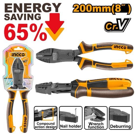 ingco-hccp58200-8-200mm-energy-saving-65-بانسة-بولاد-صناعية-compound-action-combination-pliers-lebanon.jpeg INGCO HCCP58200 8″ 200MM ENERGY SAVING 65% بانسة بولاد صناعية Compound action combination pliers - Image 1