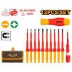 INGCO HKISD1201 12PCS 1000V طقم مفكات شق ومصالب معزول مسكة تبديل Interchangeable Insulated Screwdriver with Voltage Tester Set