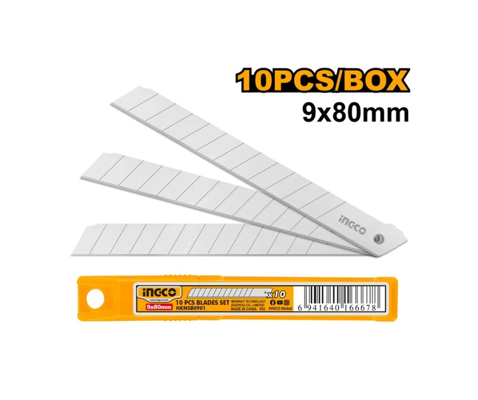 ingco-hknsb0901-10-pcs-9x80-mm-شفرات-فدار-رفيعة-spare-blade-utility-knife-blades-set-lebanon.webp INGCO HKNSB0901 10 PCS (9X80) MM شفرات فدار رفيعة Spare Blade Utility Knife Blades Set - Image 1