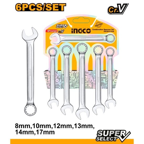 ingco-hkspa1068-6-pcs-81012131417-mm-طقم-شق-مسنن-combination-spanner-set-lebanon.jpeg INGCO HKSPA1068 6 PCS (8,10,12,13,14,,17) MM طقم شق مسنن COMBINATION SPANNER SET - Image 1
