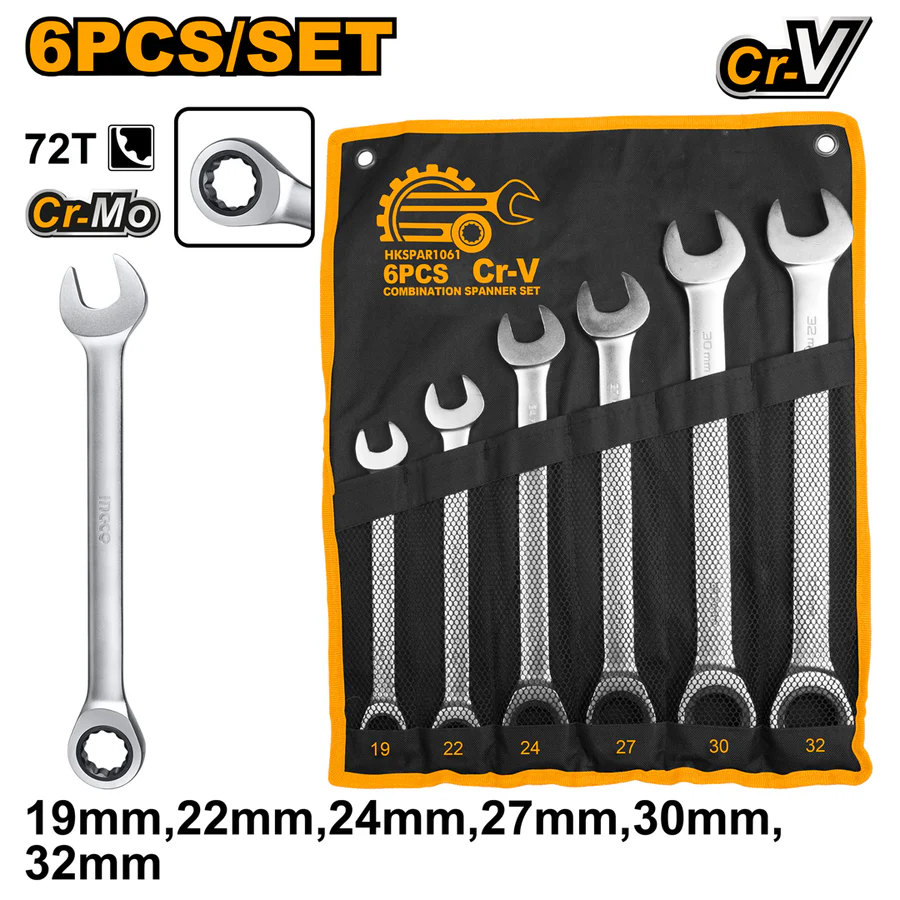 ingco-hkspar1061-19-32-mm-طقم-شق-مسنن-طقطاق-combination-spanner-set-lebanon.webp INGCO HKSPAR1061 19-32 MM طقم شق مسنن طقطاق Combination Spanner Set - Image 1