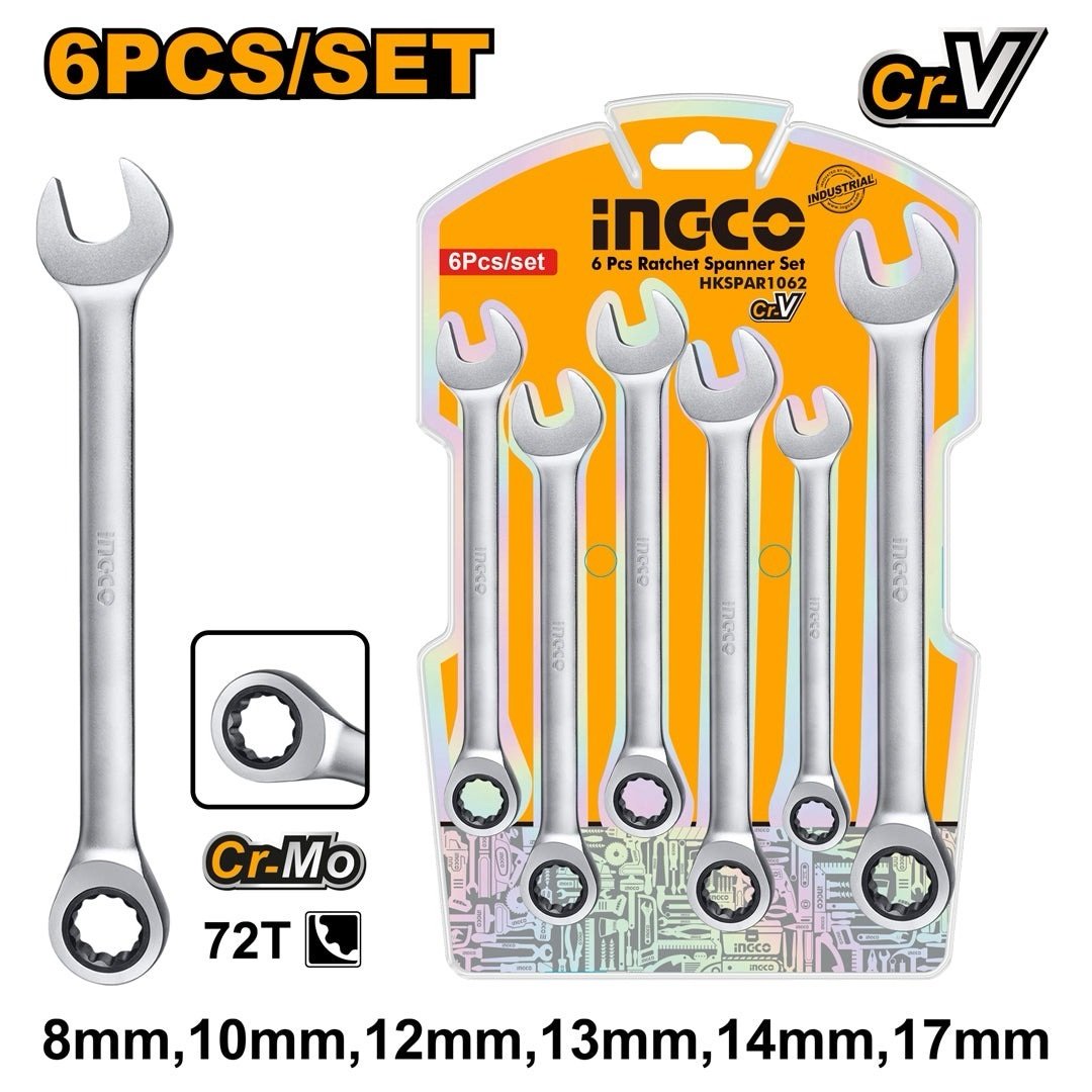 ingco-hkspar1062-6-pcs-8-17-طقم-شق-مسنن-طقطاق-industrial-ratchet-spanner-set-lebanon.jpeg INGCO HKSPAR1062 6 PCS (8-17) طقم شق مسنن طقطاق Industrial Ratchet Spanner Set - Image 1