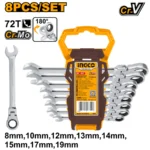 INGCO HKSPAR1083 8PCS 8 – 19 MM طقم شق مسنن طقطاق بيطوي Flex Ratchet Combination Spanner Set