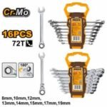 INGCO HKSPAR2016 2SET/16PCS طقمين شق مسنن طقطاق ثابت ومتحرك Ring Ratchet Spanner Set