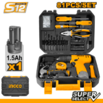 INGCO HKTHP10811 81PCS 12V طقم عدة مع مقدح بطارية Cordless Drill Driver with Household Tools Set