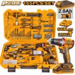 INGCO HKTHP11651 165PCS 20V 1 BATT+CHAR 66 N.M طقم عدة + مقدح بطارية Cordless Impact Drill + Tools Set