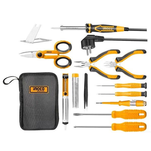ingco-hktts0131-13pcs-طقم-عدة-مع-شنطة-قماش-telecom-tool-set-pliers-scissors-soldering-iron-tweezers-pump-lebanon.jpeg INGCO HKTTS0131 13PCS طقم عدة مع شنطة قماش Telecom Tool Set Pliers Scissors Soldering Iron Tweezers Pump - Image 1