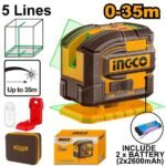 INGCO HLL306502 0-35 m Bag+Remote Control 5 Lines ليزر شقلة أخضر Laser Level Green Beams 5 Lines