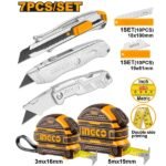 INGCO HMK23039 7PCS طقم شفرات وأمتار ملبس كوتشوك Measuring Tape & Utility Knife Set
