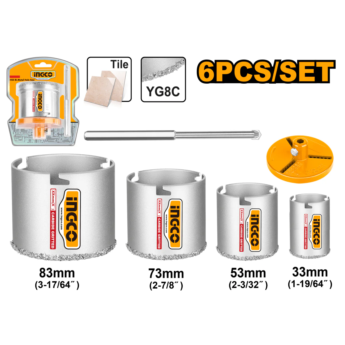 ingco-hsb4061-6pcs33537383mm-طقم-خراقات-tct-hole-saw-set-carbide-gritted-lebanon.webp INGCO HSB4061 6PCS(33,53,73,83)MM طقم خراقات TCT Hole Saw Set Carbide Gritted - Image 1