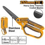 INGCO HSCRS832558 255MM(10″) مقص ستانلس مطلي تيتانيوم Heavy Duty Titanium Rubber Grip Long-Blade Scissors