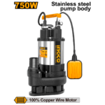 INGCO SPDS7508 1HP 750W 2″ مضخة غاطسة للمياه العكرة غطاء ستنلس Submersible Sewage Water Pump