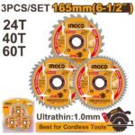 INGCO TSB16503 3PCS165MM 24T/40T/60T طقم ديسكات قص خشب Ultra-thin TCT saw blade set