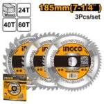 INGCO TSB51852153 3PCS 185MM 24/ 40/ 60T طقم ديسك خشب Circular Saw Blades Set
