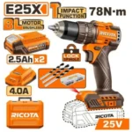 RICOTA RICIDL2578 25V 2Batt 4Ah+Box 78N.m 13mm مقدح بطارية رجراج راس معدني Compact Brushless Cordless Impact Drill