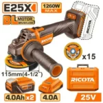 RICOTA RLAG2511512 25V 2Batt 4Ah+Box 1260W BL صاروخ بطارية Cordless Brushless Angle Grinder