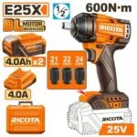 RICOTA RLEWH25600 25V 2Batt 4Ah+Box 600N.m فرد شد عزق بطارية Brushless Impact Wrench
