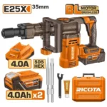 RICOTA RLLDB25352 25V 2Batt 4Ah+Box 35mm BL SDS Hex كومبرسور تكسير بطارية Cordless Brushless Demolition Hammer