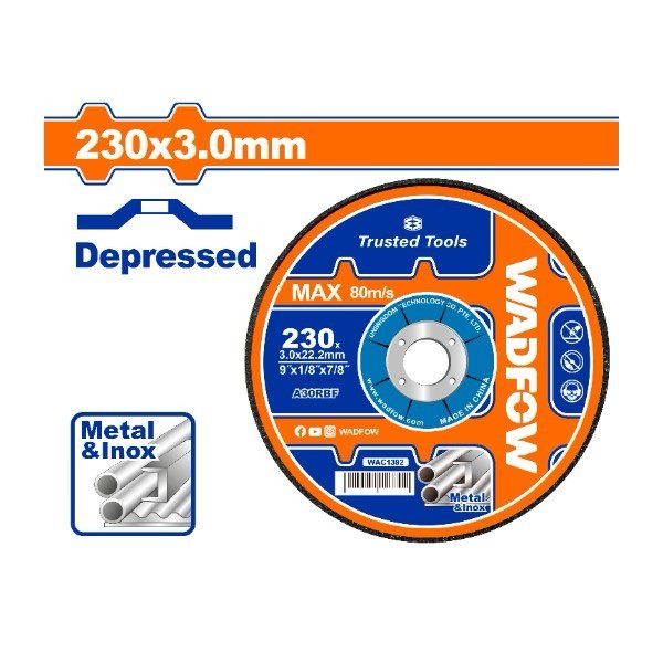 wadfow-wac1392-230-x-3.0-x-22.2-mm-ديسك-قص-حديد-abrasive-metal-cutting-disc-for-metal-and-inox-lebanon.jpeg WADFOW WAC1392 230 x 3.0 x 22.2 mm ديسك قص حديد Abrasive Metal Cutting disc for metal and inox - Image 1
